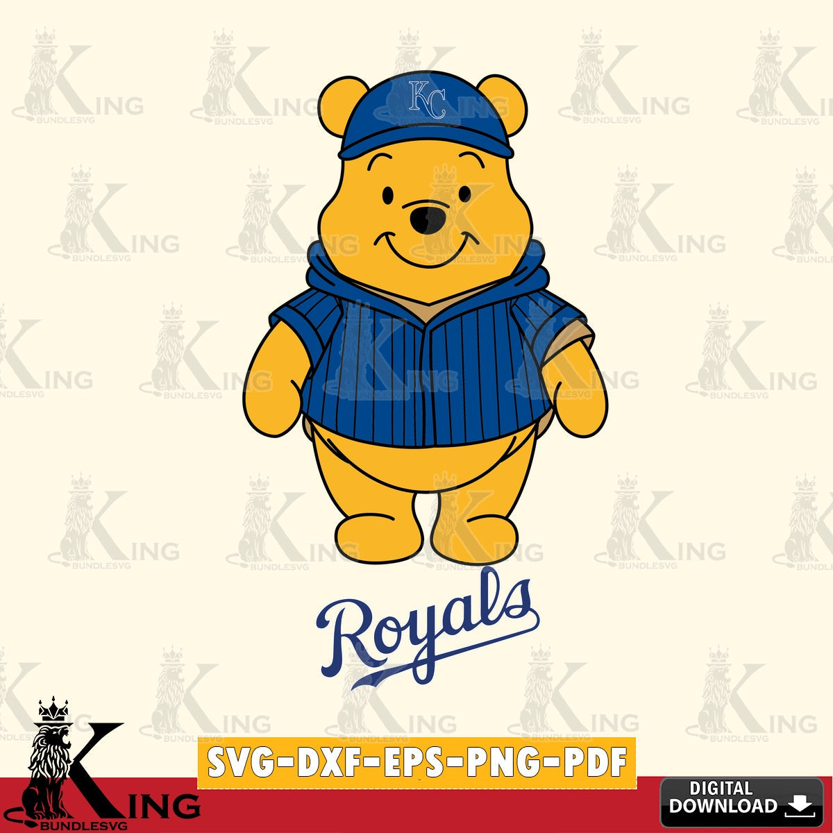 Unique artwork depicting Kansas City Royals Pooh Bear baseball mascot vector illustration for POD merchandise and apparel