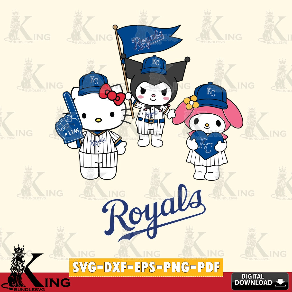 Digital clipart of Kansas City Royals Sanrio Squad cute, SVG cut file for personalized gifts and laser projects