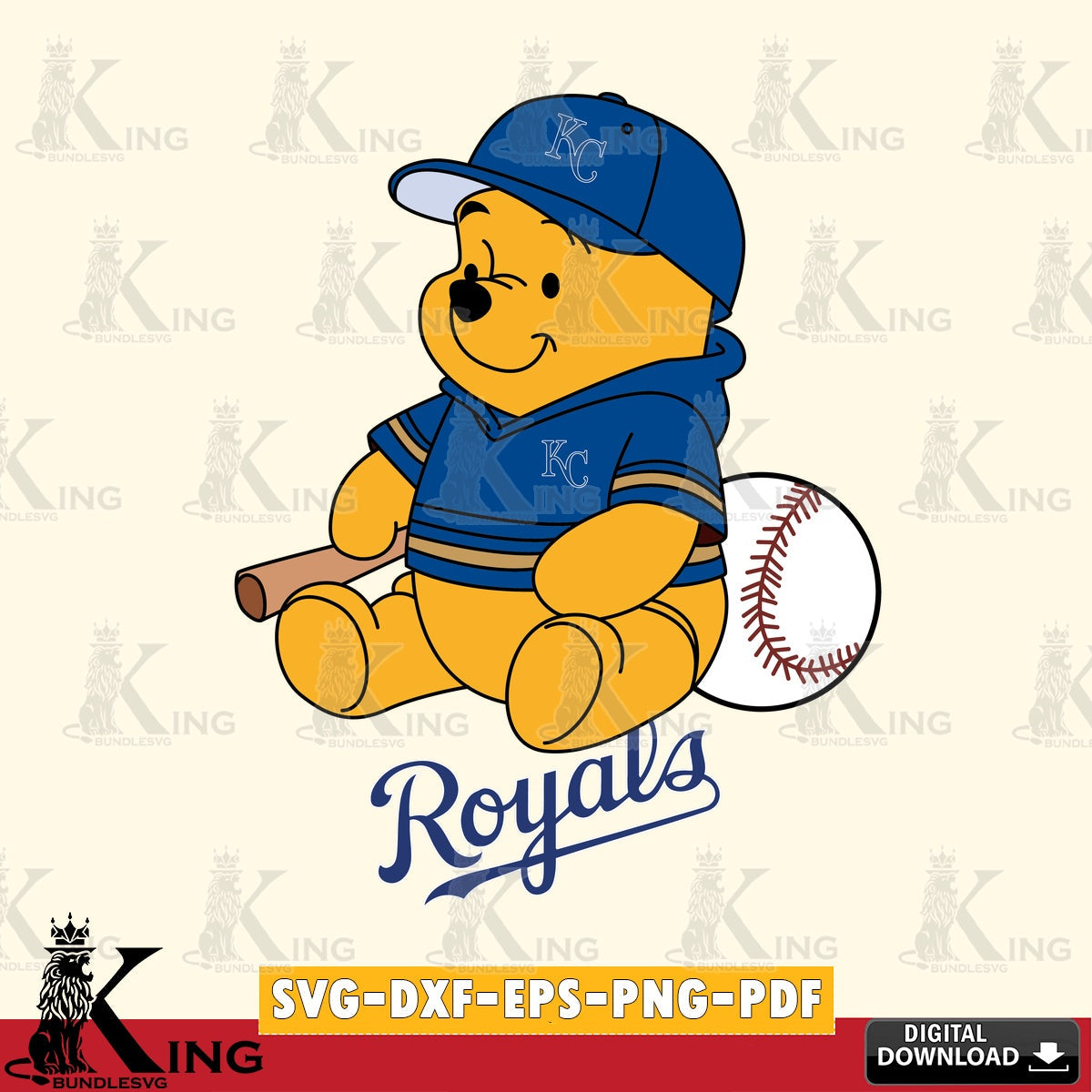 Detailed illustration of Kansas City Royals Winnie the Pooh baseball, versatile clip art for stickers, decals, and mugs