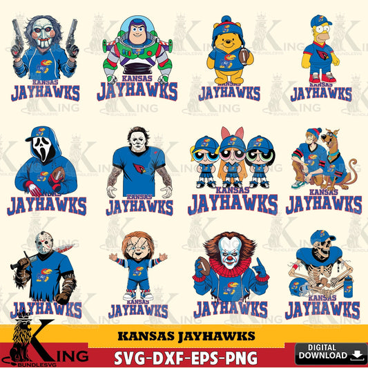 Huge collection of Kansas Jayhawks cartoon football NCAA bundle, vector illustration for POD merchandise and apparel