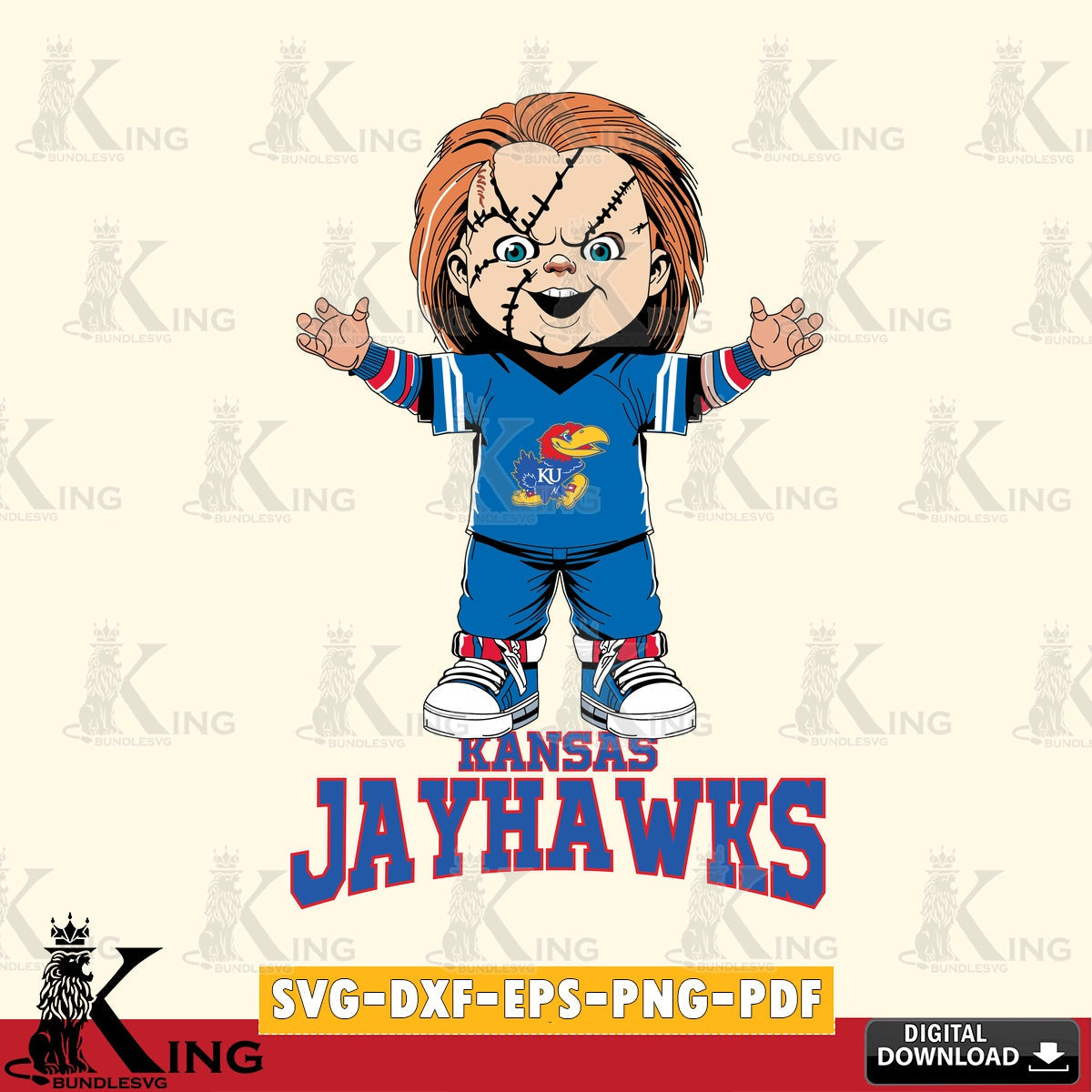 Modern graphic depicting Kansas Jayhawks Chucky Football, NCAA vector art for engraving, cutting, and printing