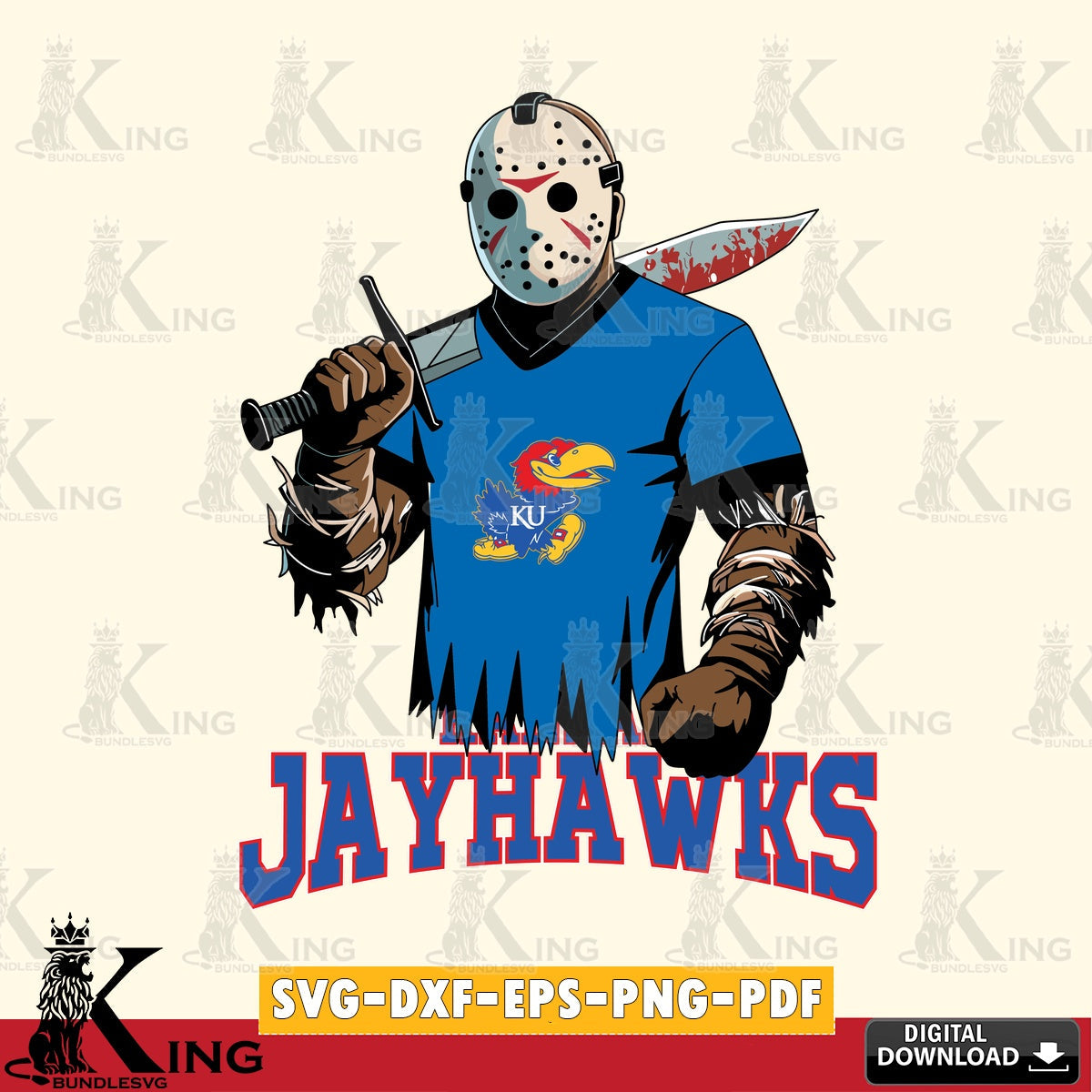 Printable art of Kansas Jayhawks Jason Voorhees football, crafting file for iron-on transfer and vinyl decals