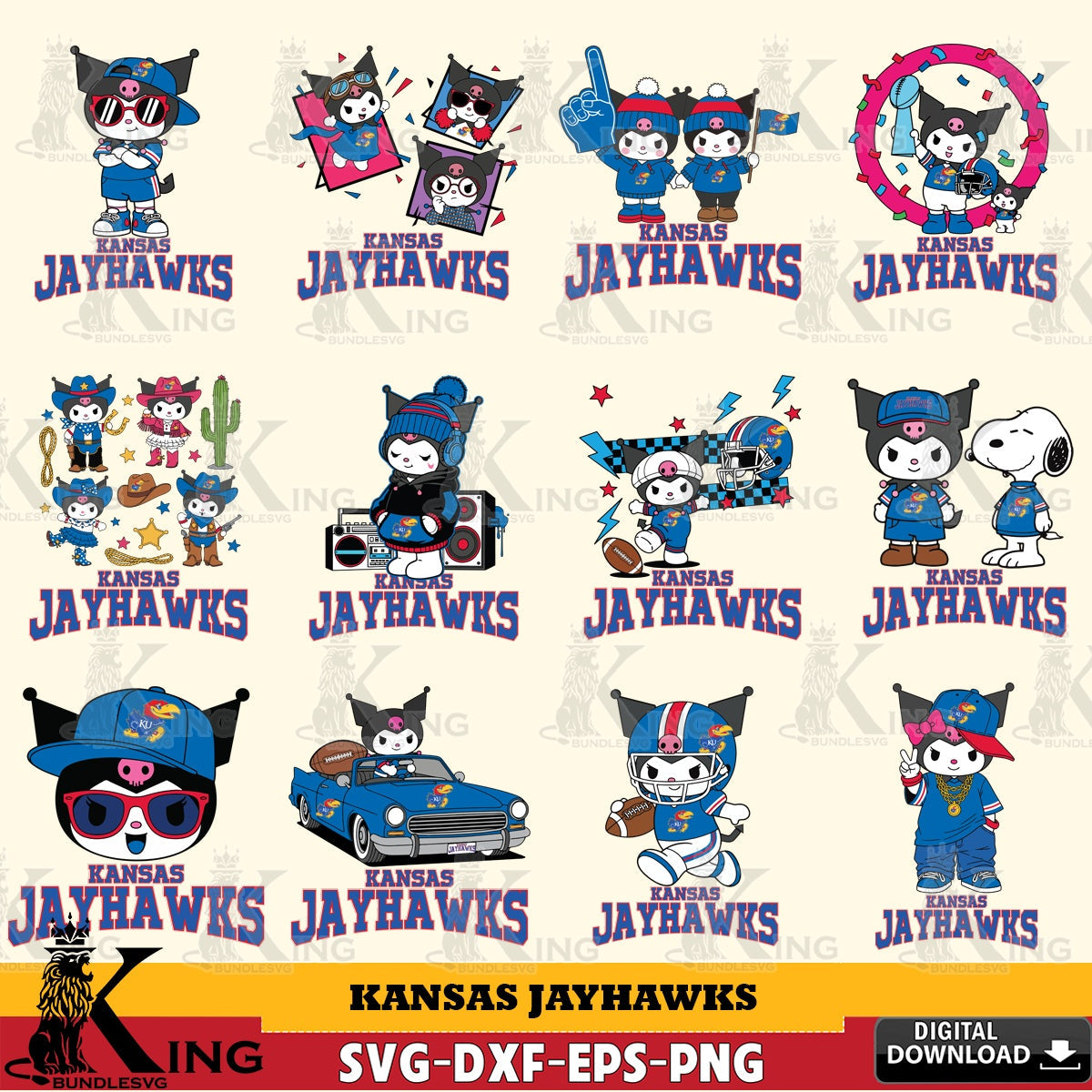 Kansas Jayhawks Kuromi Football Jersey NCAA Bundle SVG file, Cricut, Cut file  , Digital Download , Instant Download, Sanrio svg, Clipart
