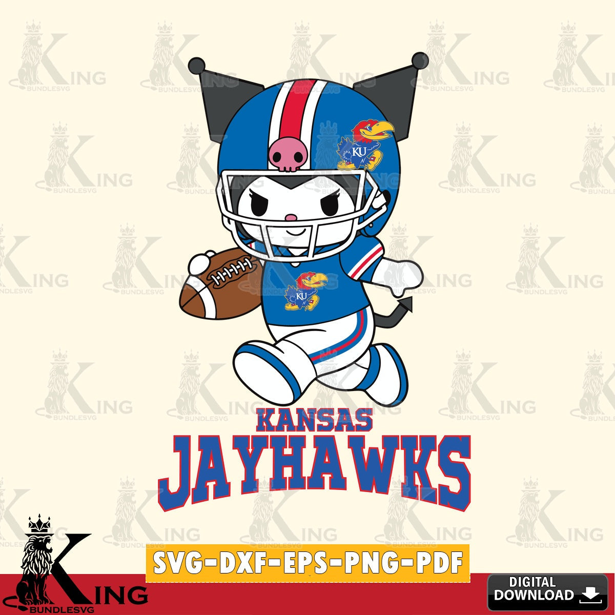 Kansas Jayhawks Kuromi Football Run SVG file, Cricut, Cut file  , Digital Download , Instant Download, Sanrio svg, Clipart