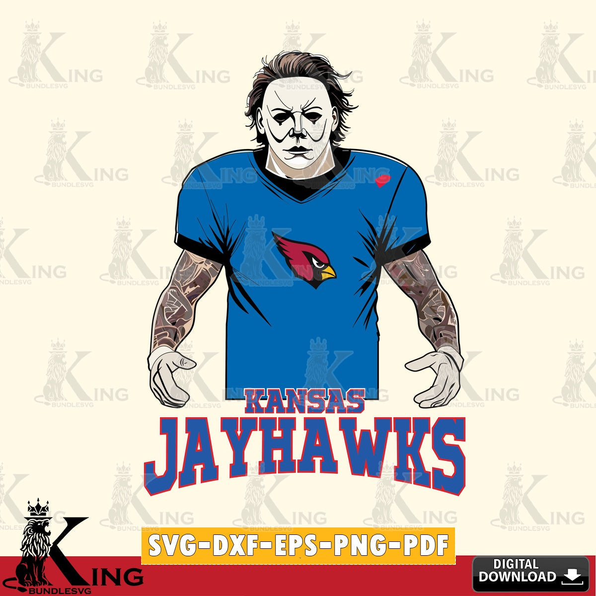 Printable art of Kansas Jayhawks Michael Myers Tattoo Football, NCAA PNG clipart for sublimation printing and graphic design
