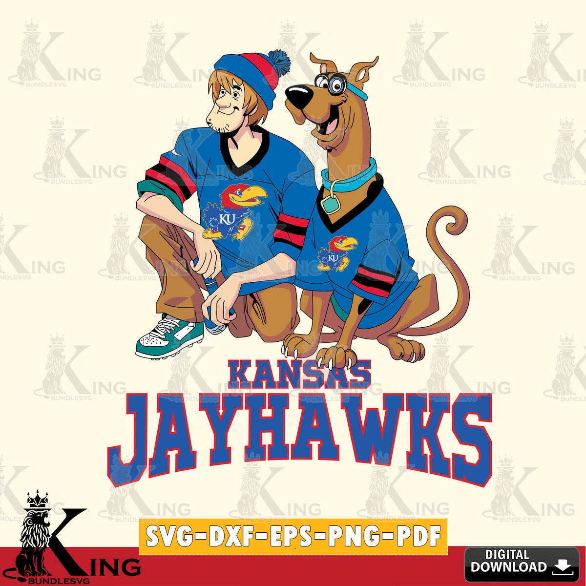 Custom design featuring Kansas Jayhawks Shaggy and Scooby Doo football crafting file for iron-on transfer and vinyl decals.