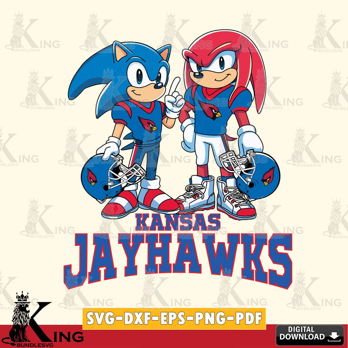 Hand-drawn style art of Kansas Jayhawks Sonic and Knuckles Football SVG cut file for personalized gifts and laser projects