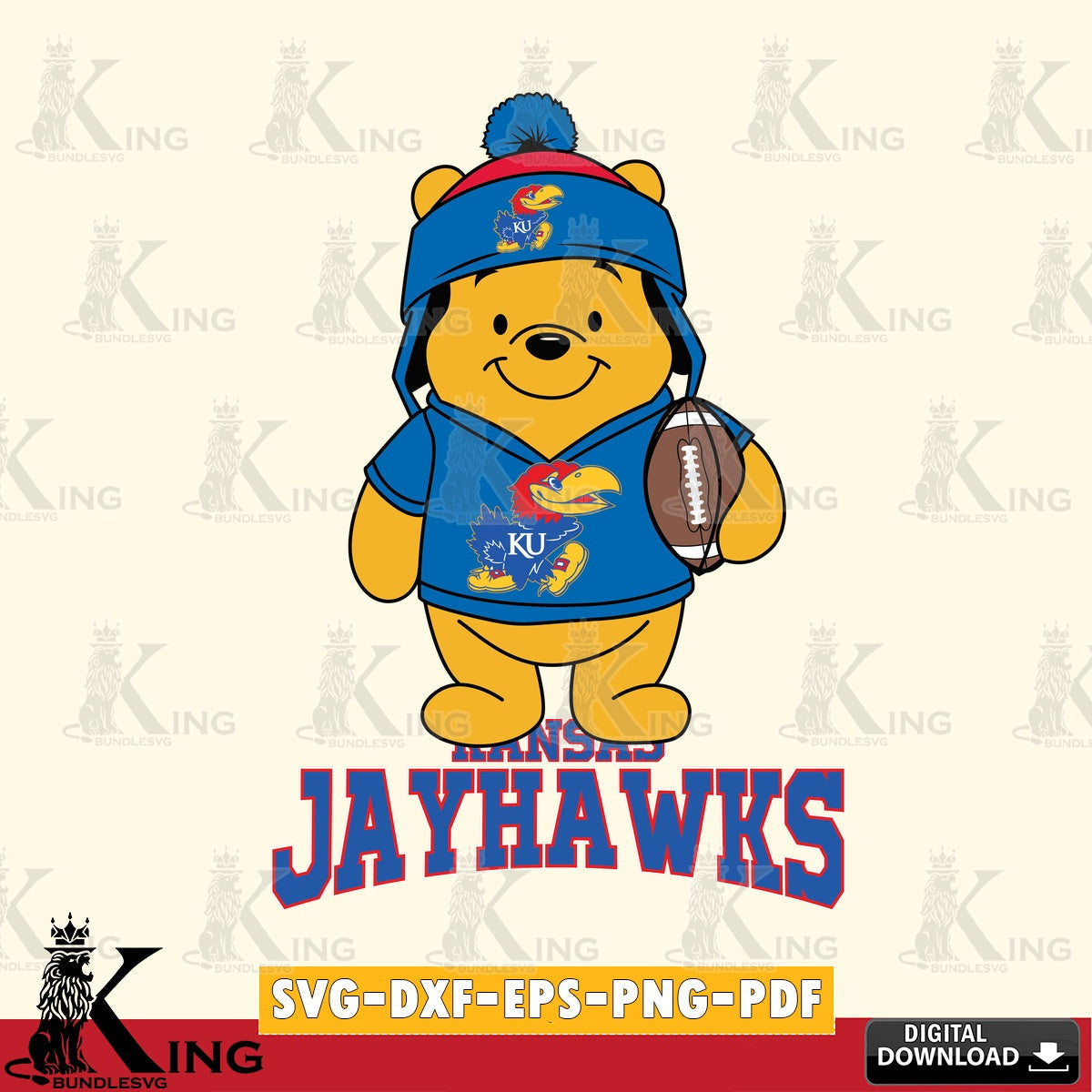 Unique artwork depicting Kansas Jayhawks Winnie the Pooh football player, versatile clip art for stickers, decals, and mugs.