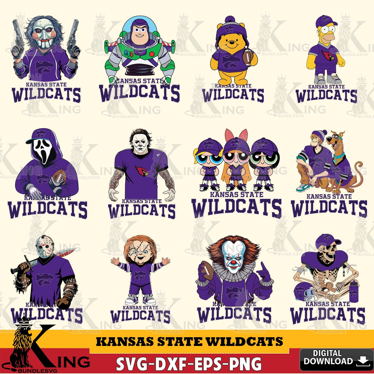 Massive pack of Kansas State Wildcats Cartoon Football NCAA Bundle digital clipart compatible with laser engraving and cutting