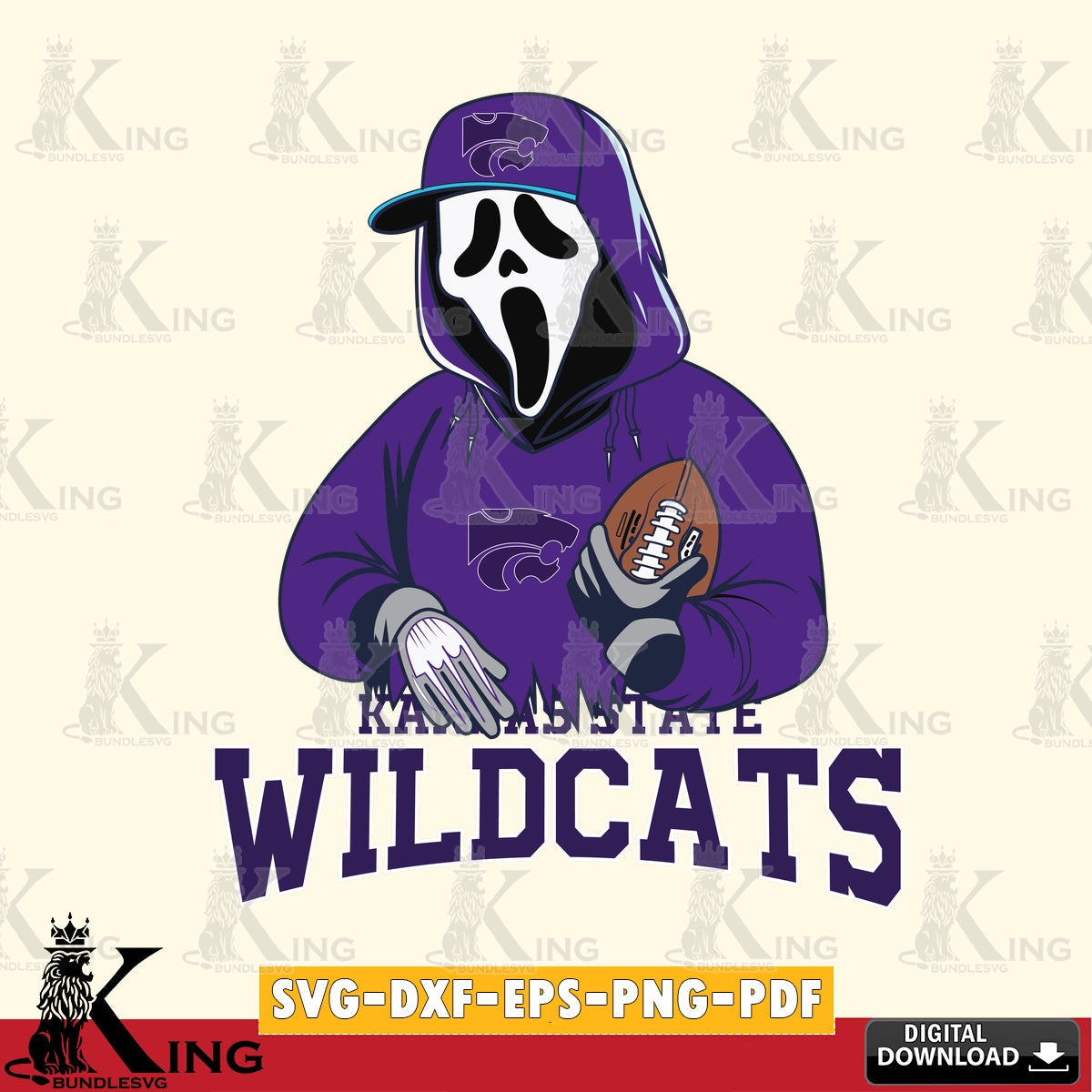 Digital download featuring a Kansas State Wildcats Ghostface Scream football player, SVG PNG design suitable for Glowforge and