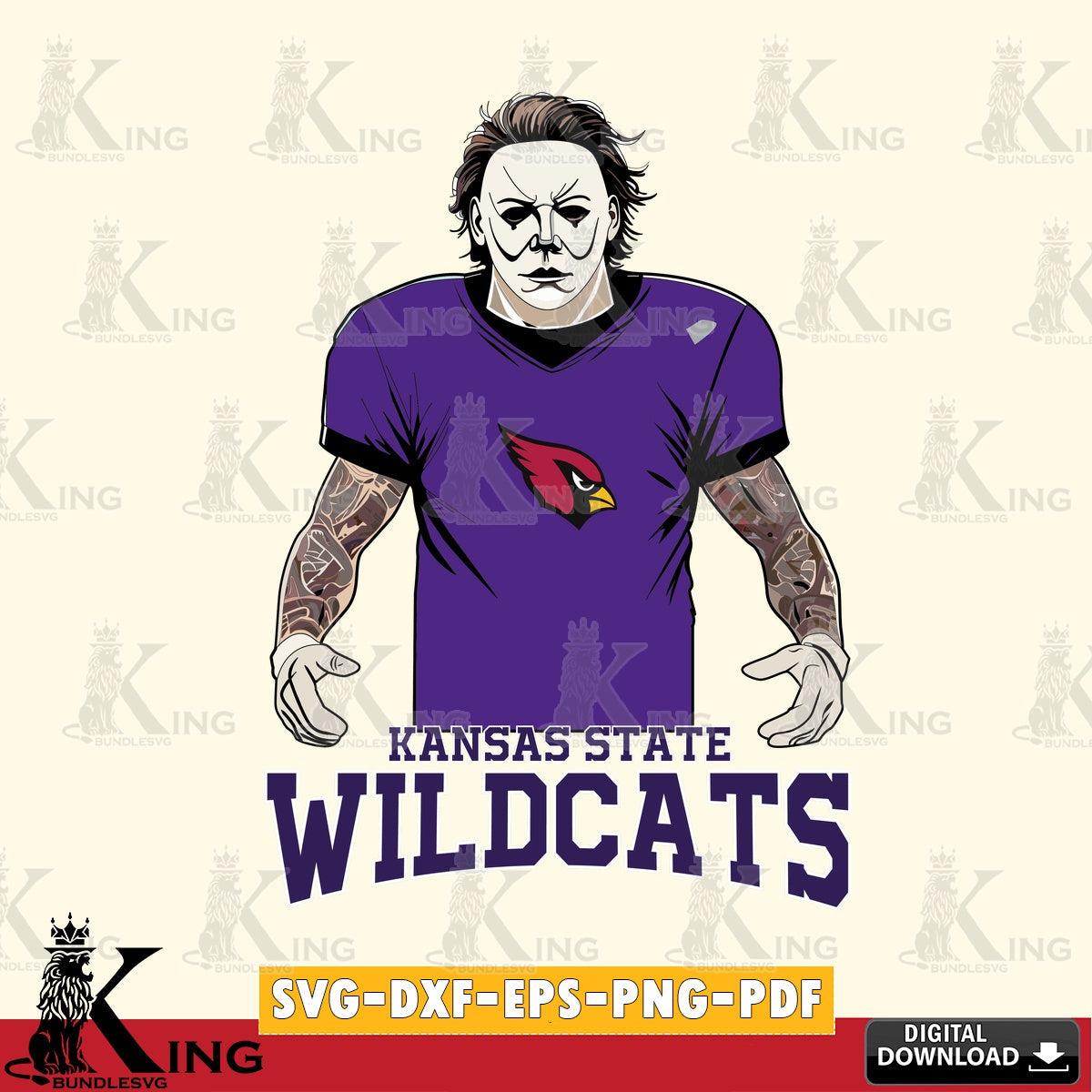 Unique artwork depicting a Kansas State Wildcats Michael Myers tattoo football, a digital download for Cricut Maker and paper