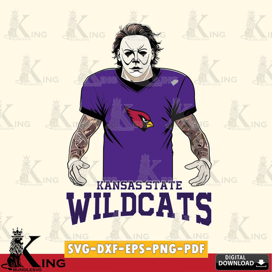 Unique artwork depicting a Kansas State Wildcats Michael Myers tattoo football, a digital download for Cricut Maker and paper