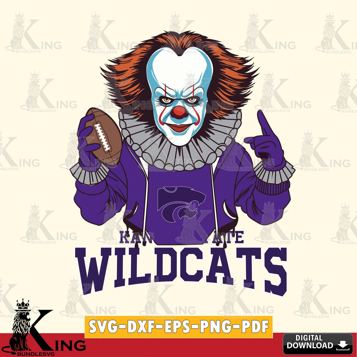 Creative design featuring a Kansas State Wildcats Pennywise football player, SVG PNG files perfect for Cricut and Silhouette