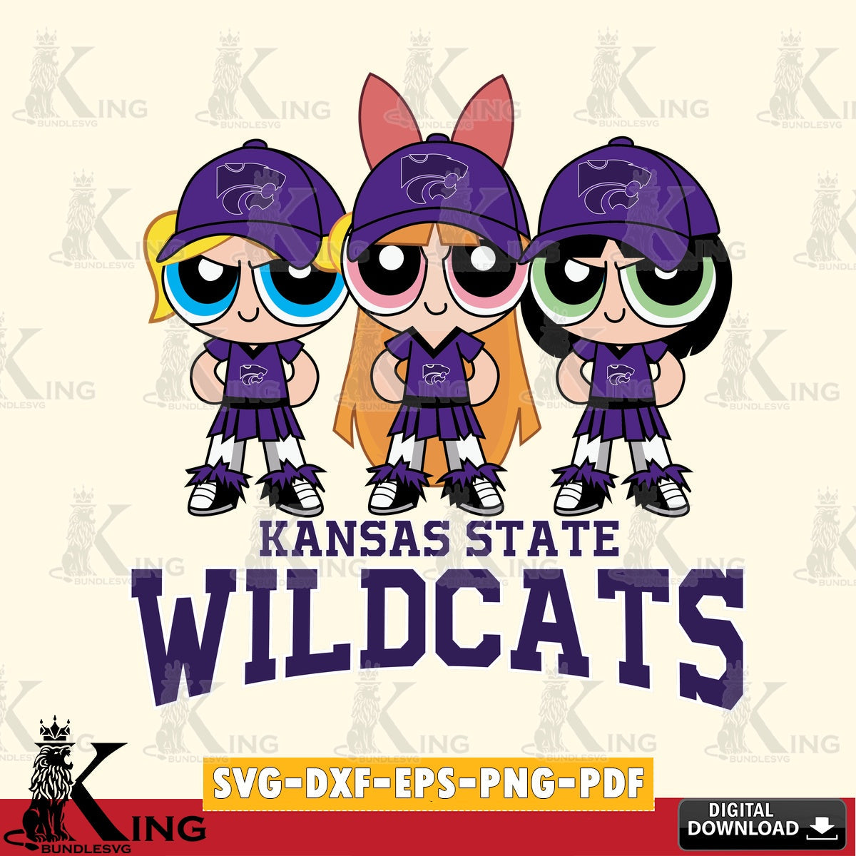 Artistic drawing of Kansas State Wildcats PowerPuff Girls football, crafting file for iron-on transfer and vinyl decals.