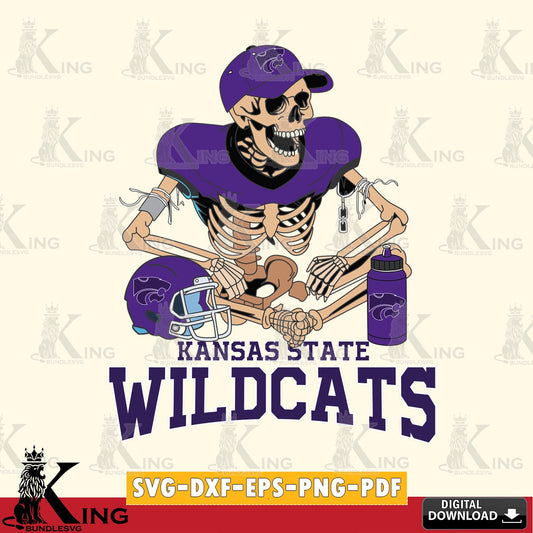 Creative design featuring a Kansas State Wildcats skeleton football player, vector illustration for POD merchandise and apparel