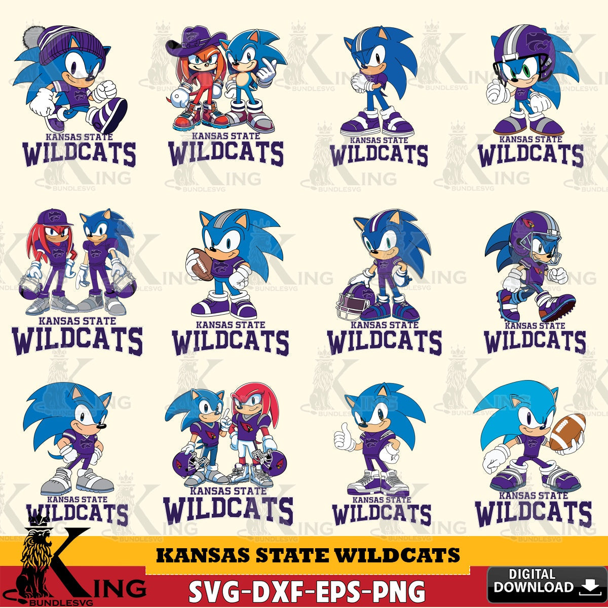Jumbo collection of Kansas State Wildcats Sonic & Knuckles NCAA Football Bundle digital clipart compatible with laser engraving