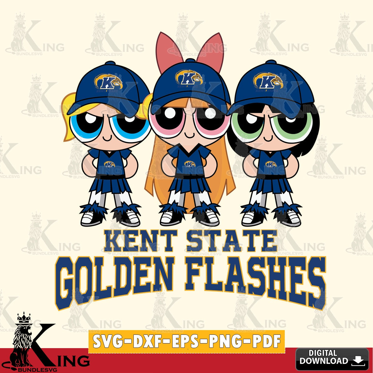 Detailed illustration of Kent State Golden Flashes PowerPuff Girls Football, PNG clipart for sublimation printing and graphic