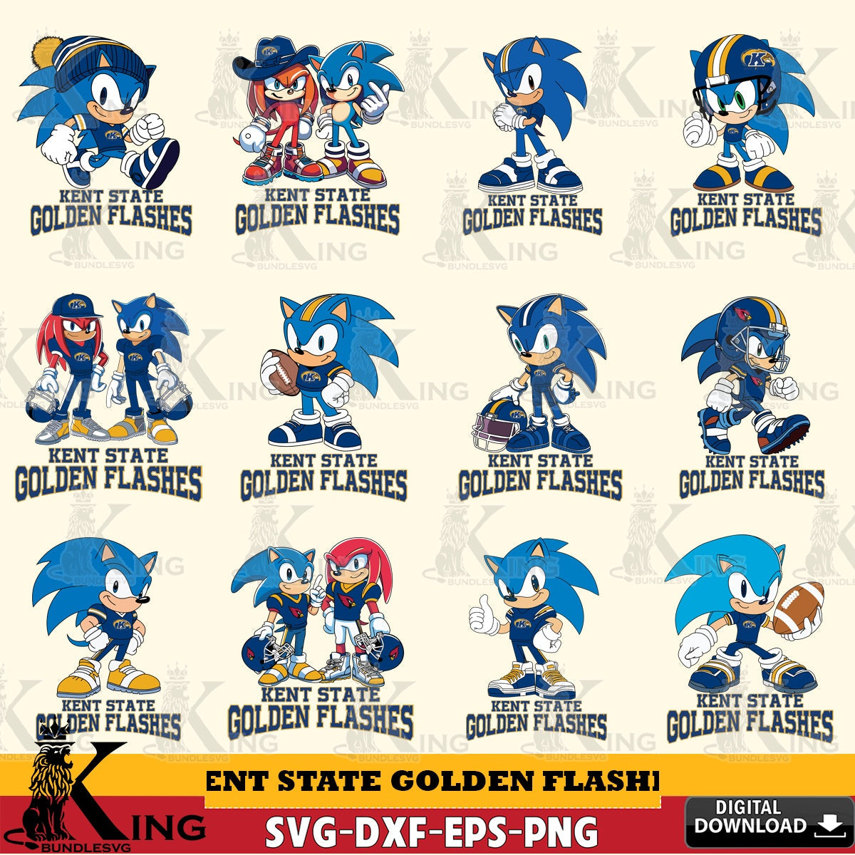 Huge collection of Kent State Golden Flashes Sonic & Knuckles NCAA Football Bundle SVG PNG files perfect for Cricut and