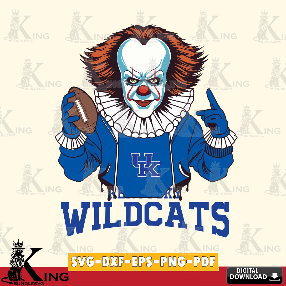 Hand-drawn style art of Kentucky Wildcats Pennywise player football, digital clipart compatible with laser engraving and cutting