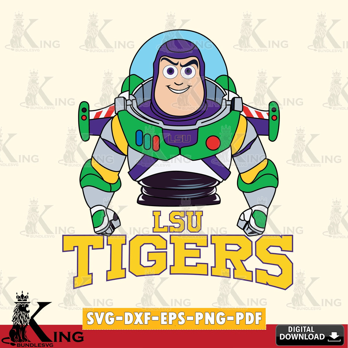 Detailed illustration of LSU Tigers Buzz Lightyear Football, NCAA, SVG PNG design suitable for Glowforge and laser cutting