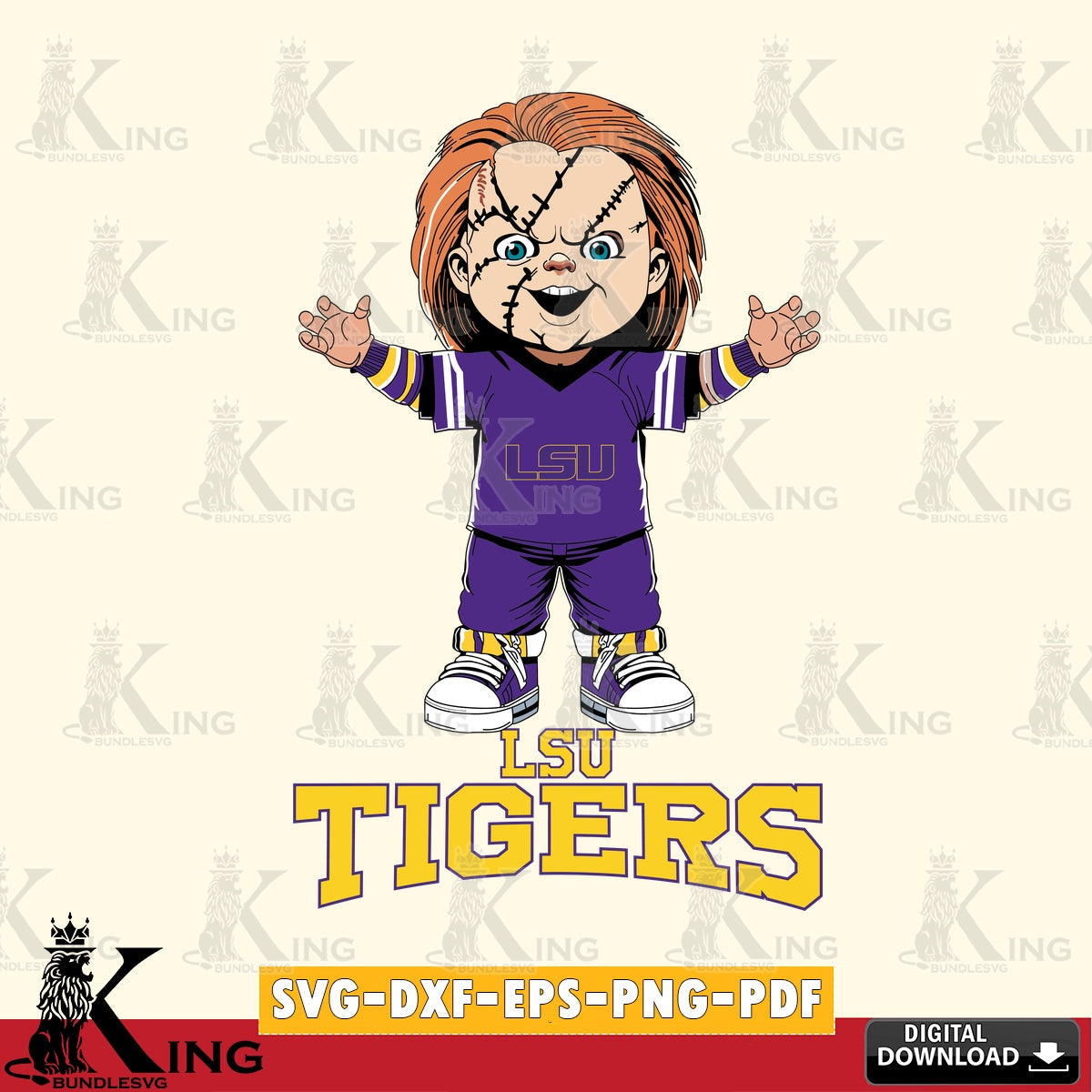 Eye-catching graphic of LSU Tigers Chucky Football, a digital download for Cricut Maker and paper crafts.
