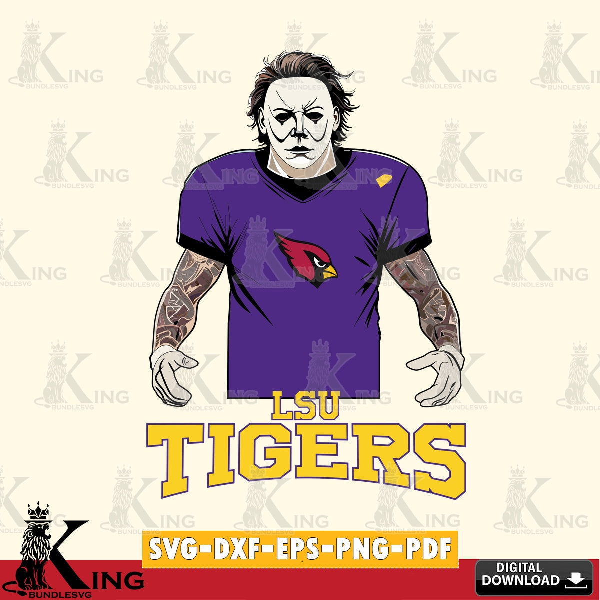 Vector design showing LSU Tigers Michael Myers tattoo football, a cut file ideal for vinyl projects and T-shirt printing.