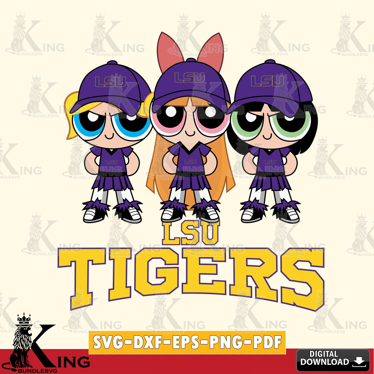 Creative design featuring LSU Tigers PowerPuff Girls football, versatile clip art for stickers, decals, and mugs