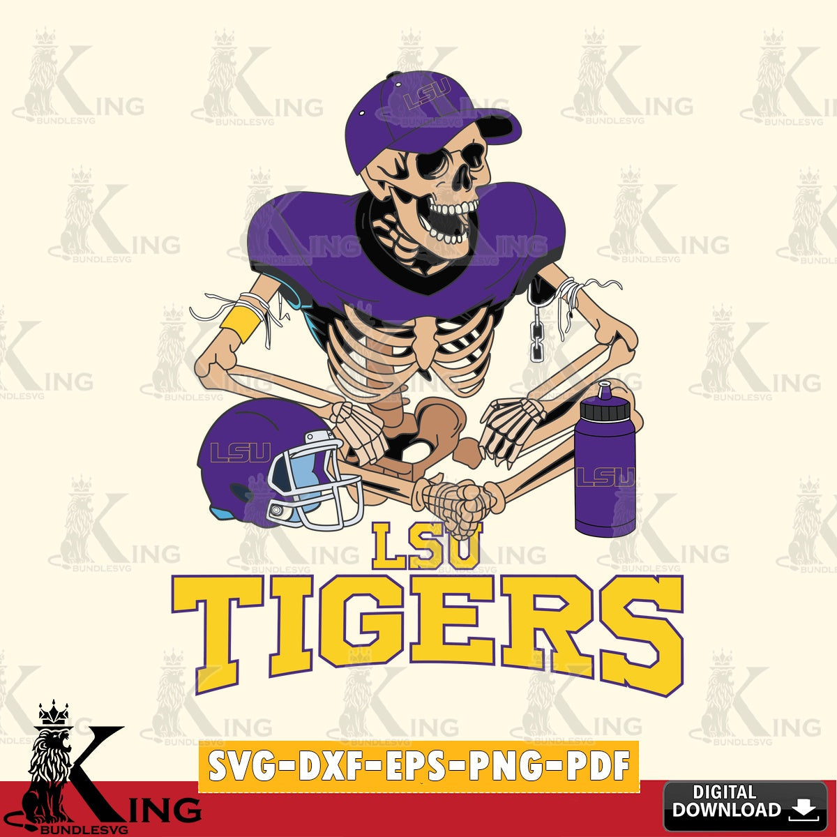 Modern graphic depicting an LSU Tigers skeleton player playing football, a digital clipart compatible with laser engraving and