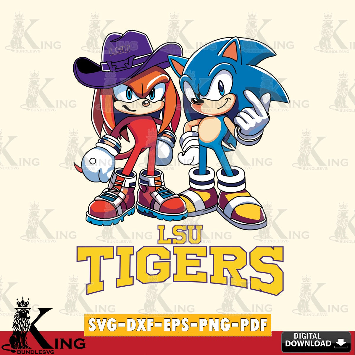 Digital clipart of LSU Tigers Sonic & Knuckles Football Mascot vector SVG PNG design suitable for Glowforge and laser cutting