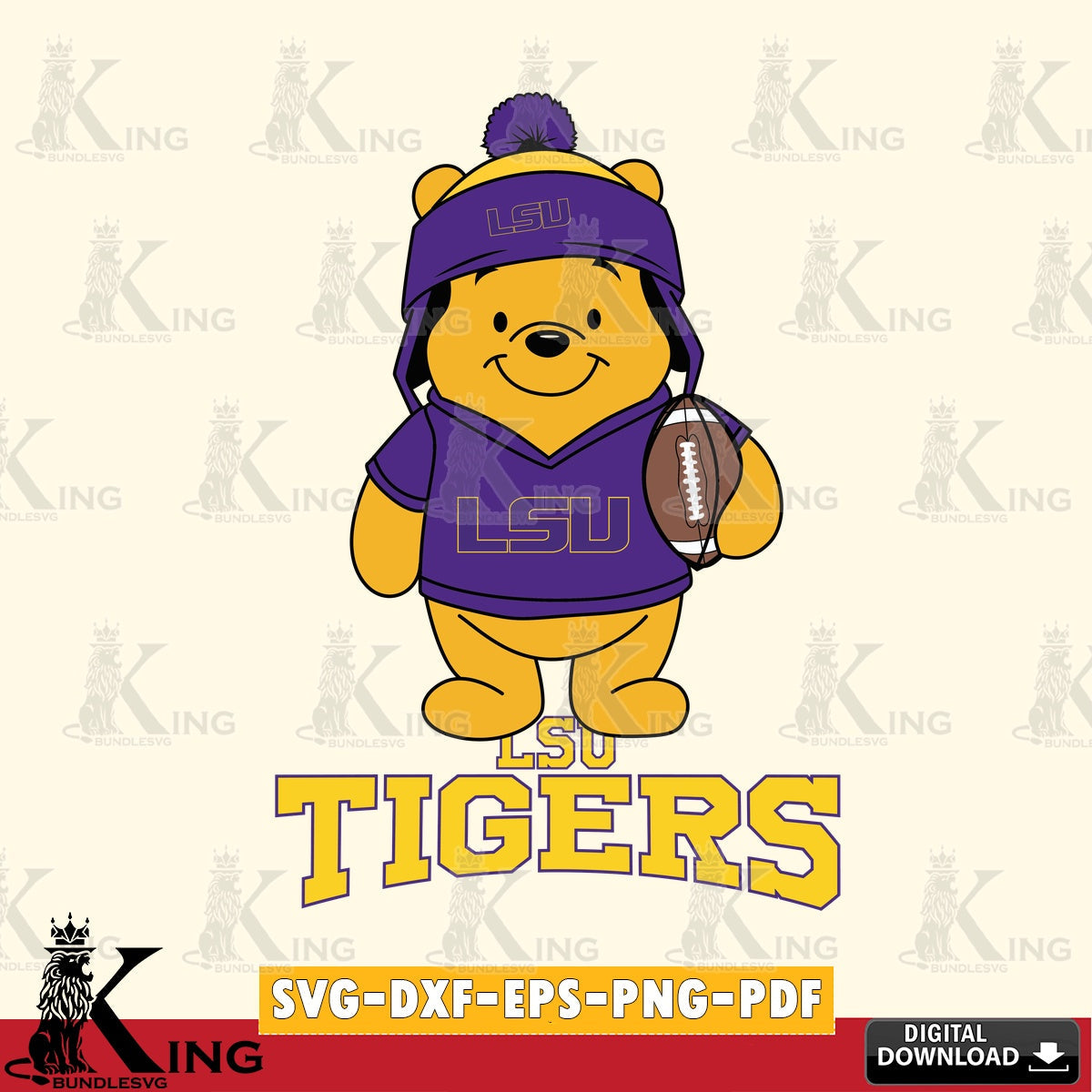 Artistic drawing of LSU Tigers Winnie the Pooh player football, digital clipart compatible with laser engraving and cutting