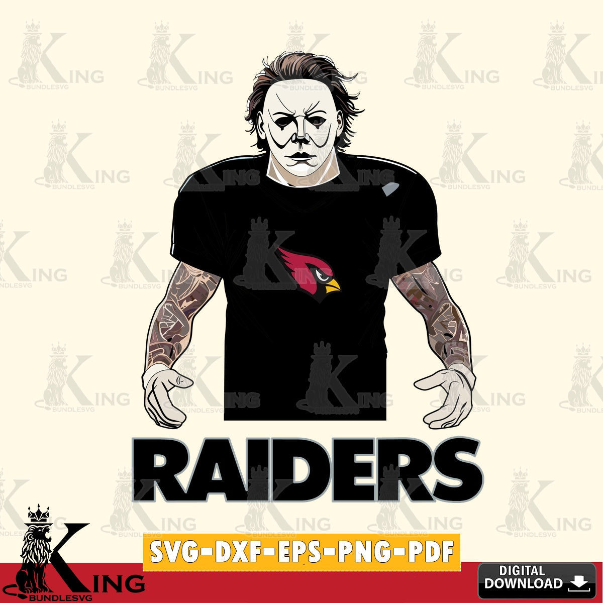 Vector design showing Las Vegas Raiders Michael Myers tattoo football, a digital download for Cricut Maker and paper crafts