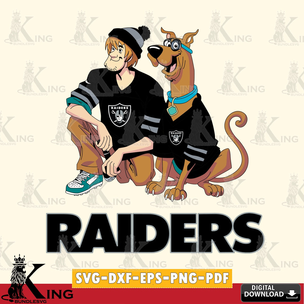 Beautiful illustration of Las Vegas Raiders Shaggy and Scooby Doo football, digital clipart compatible with laser engraving and