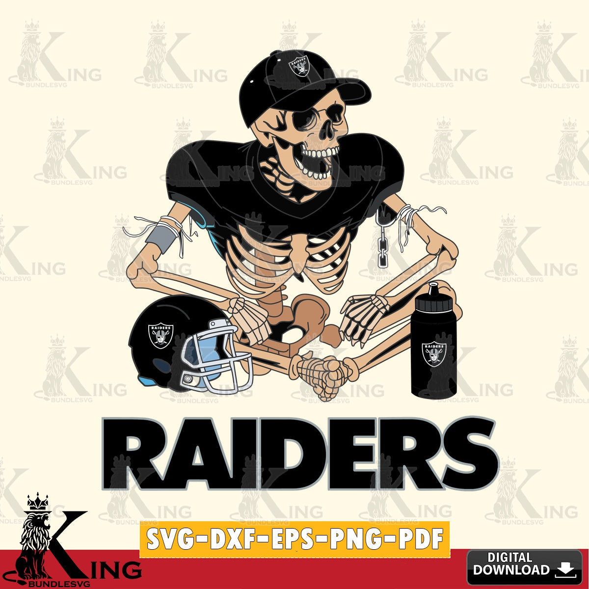 Vector design showing a Las Vegas Raiders skeleton player with a football, vector art for engraving, cutting, and printing.