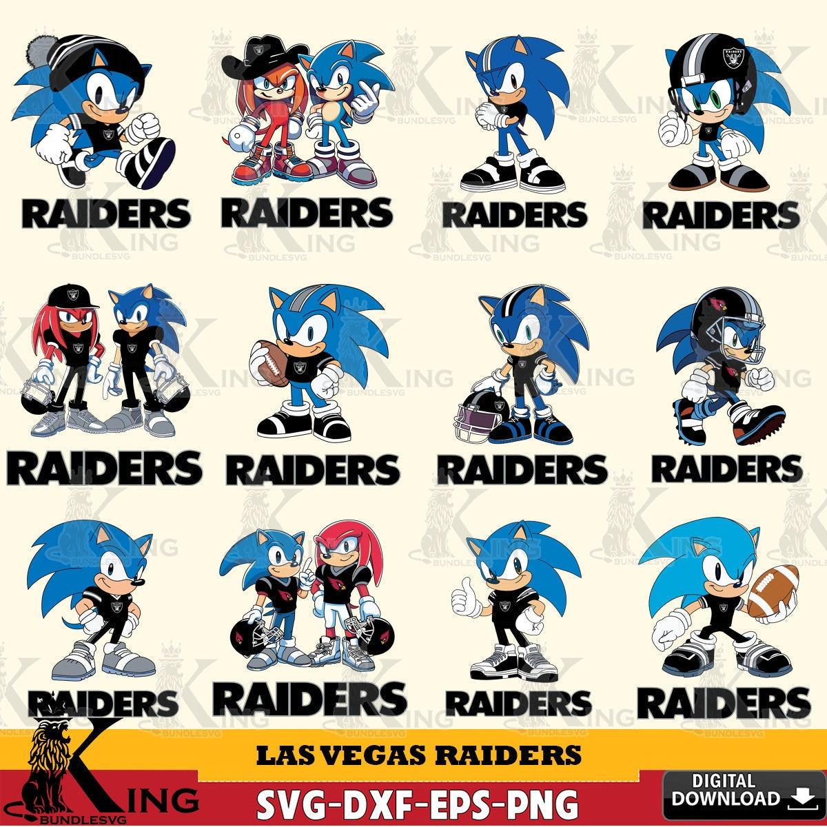 Giant set featuring Las Vegas Raiders Sonic & Knuckles NFL Football Bundle printable vector design for sublimation and crafts