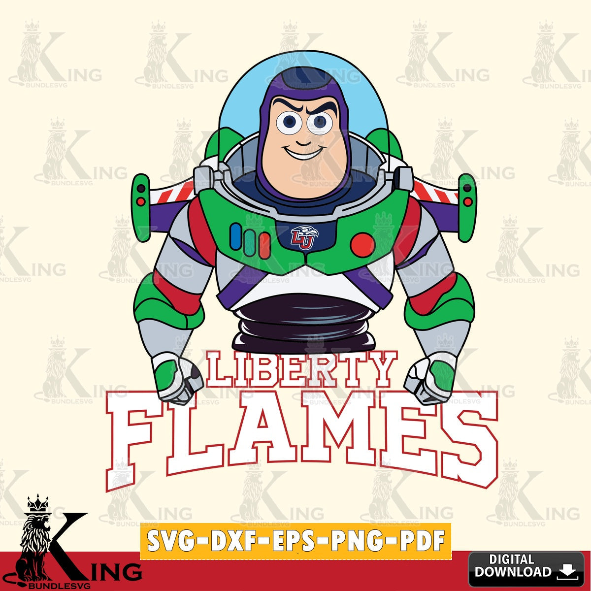 Unique artwork depicting the Liberty Flames Buzz Lightyear Football NCAA cut file ideal for vinyl projects and T-shirt printing