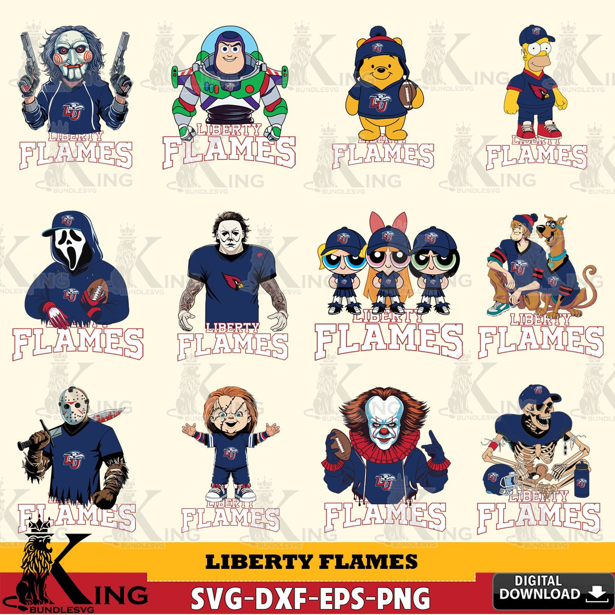 Variety pack of Liberty Flames cartoon football NCAA bundle for digital download for Cricut Maker and paper crafts