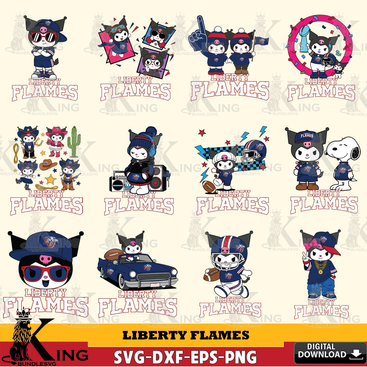 Liberty Flames Kuromi Football Jersey NCAA Bundle SVG file, Cricut, Cut file  , Digital Download , Instant Download, Sanrio svg, Clipart