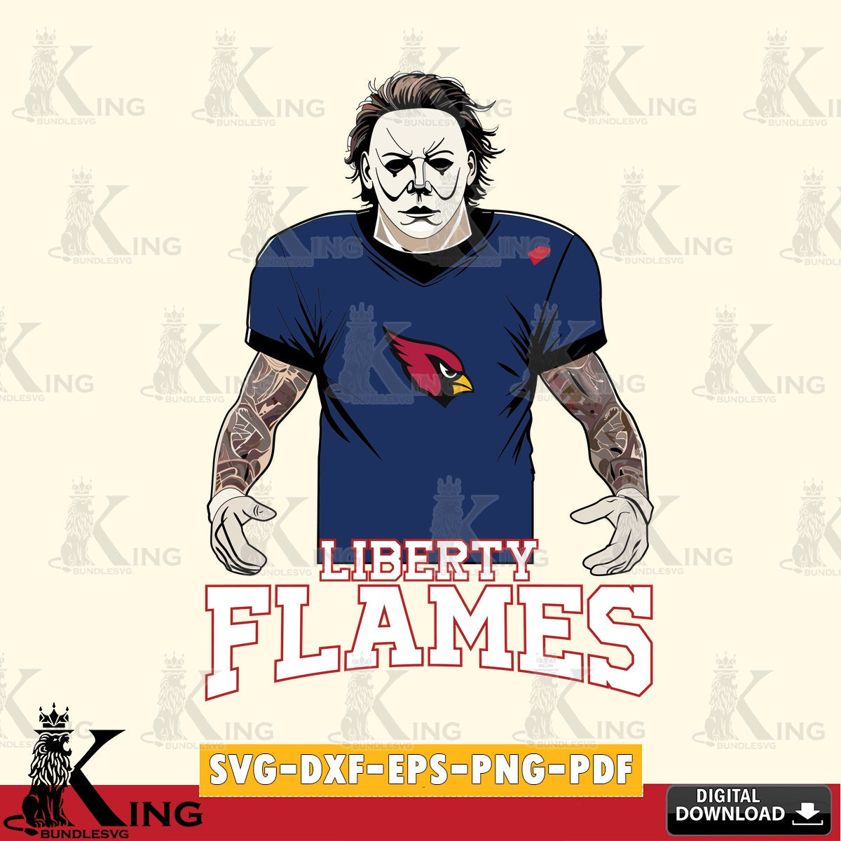 Detailed illustration of Liberty Flames Michael Myers tattoo football, a digital clipart compatible with laser engraving and