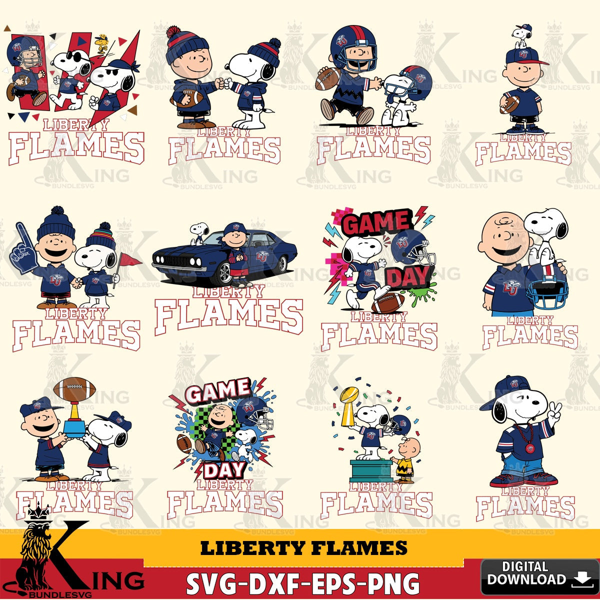 Liberty Flames Peanuts Football NCAA Bundle SVG, Cricut, Cut file  , Digital Download , Instant Download, Peanuts svg, NCAA svg, Football svg, Sport svg