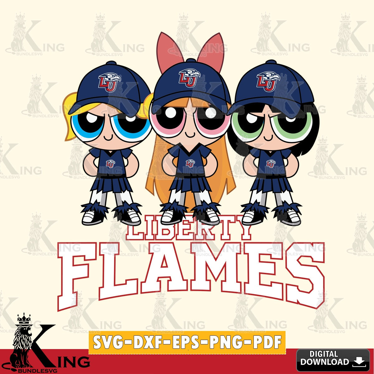 Modern graphic depicting Liberty Flames PowerPuff Girls football, a cut file ideal for vinyl projects and T-shirt printing