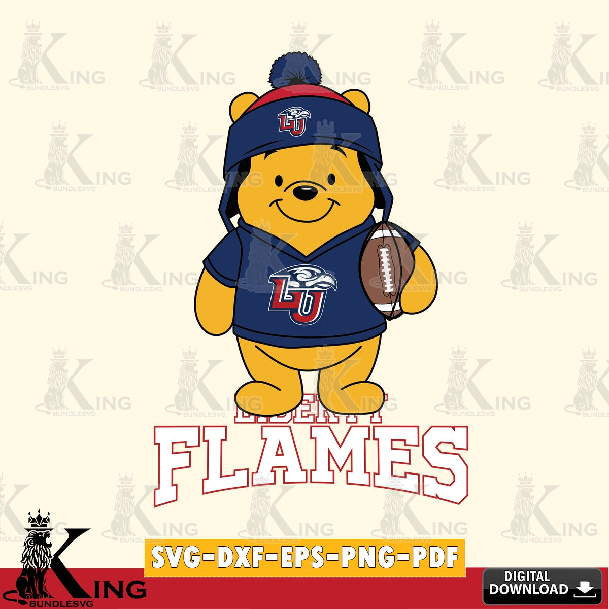 Digital download featuring Liberty Flames Winnie the Pooh player football, vector illustration for POD merchandise and apparel