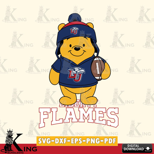 Digital download featuring Liberty Flames Winnie the Pooh player football, vector illustration for POD merchandise and apparel