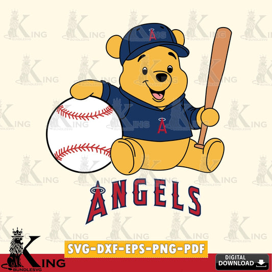 Vector design showing Los Angeles Angels Winnie the Pooh baseball star player, digital file for silhouette cameo and cricut
