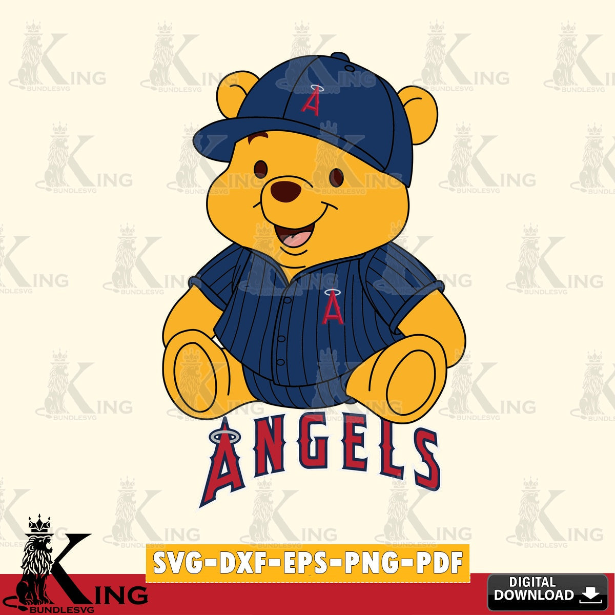 Digital clipart of Los Angeles Angels Winnie the Pooh cute baseball, versatile clip art for stickers, decals, and mugs