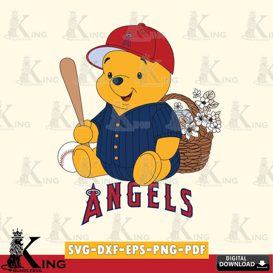 Detailed illustration of Los Angeles Angels Winnie the Pooh with a flower baseball, cut file ideal for vinyl projects and T-shirt