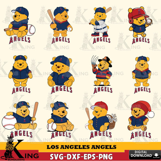 Mega bundle containing Los Angeles Angels Winnie the Pooh MLB baseball design PNG clipart for sublimation printing and graphic