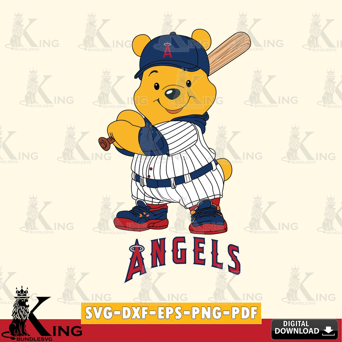 Hand-drawn style art of Los Angeles Angels Winnie the Pooh player baseball, cut file ideal for vinyl projects and T-shirt printing
