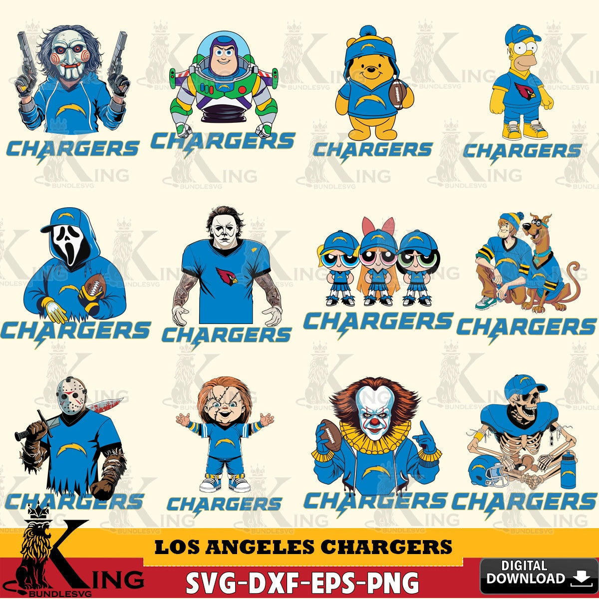 Giant set featuring Los Angeles Chargers Cartoon Football NFL Bundle, a digital file for silhouette cameo and cricut projects