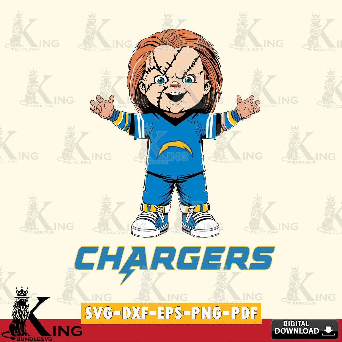 Beautiful illustration of Los Angeles Chargers Chucky Football, NFL SVG PNG files perfect for Cricut and Silhouette cutting
