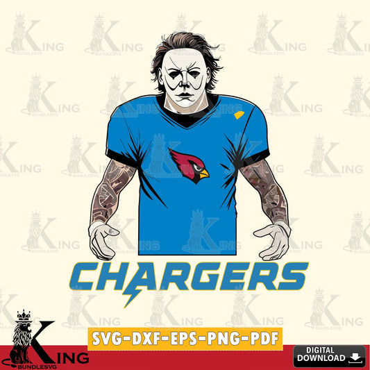 Vector design showing Los Angeles Chargers Michael Myers Tattoo Football, a digital download for Cricut Maker and paper crafts